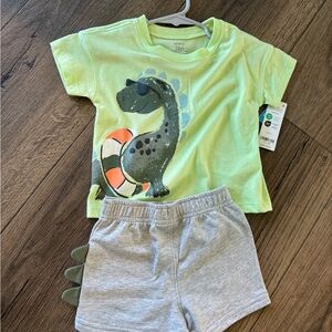 NWT Carters Light Green Dino Graphic Tee and Gray Shorts Set